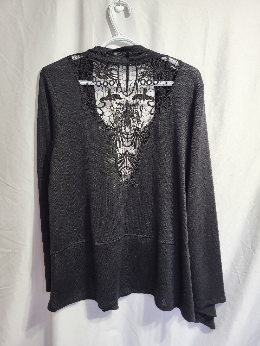 Kismet Black Open-Front Cardigan with Lace Back, Size Large - Picture 2 of 5